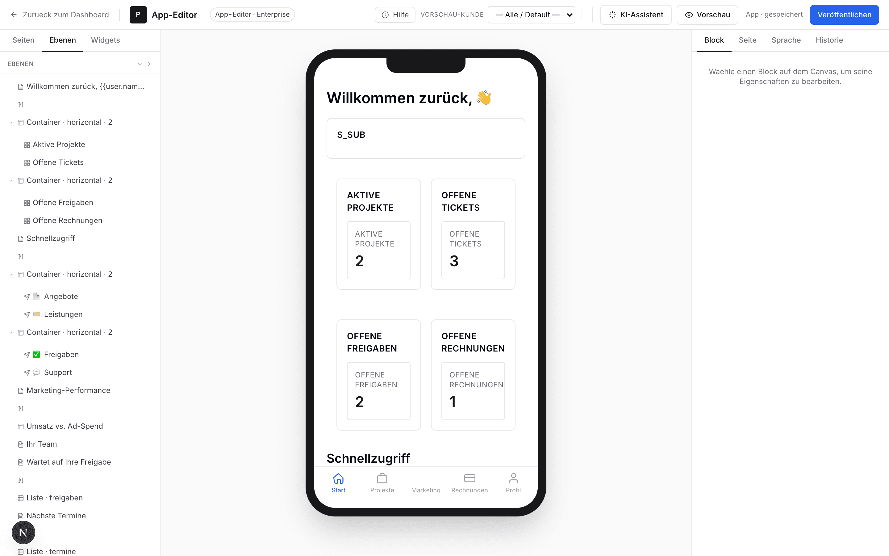 App-Editor mit iPhone-Vorschau und Seitenstruktur