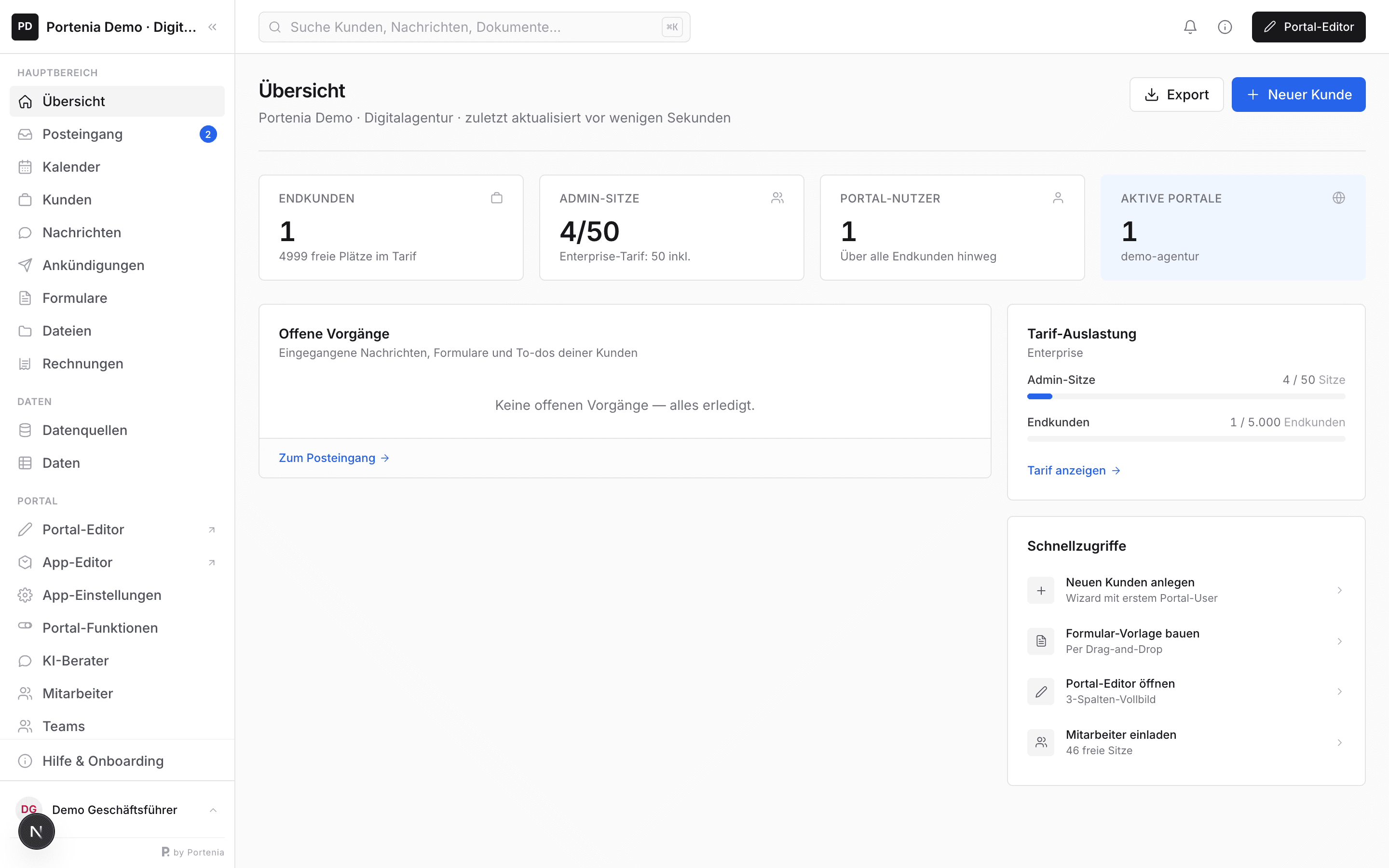 Admin-Dashboard mit Kennzahlen und Schnellzugriff