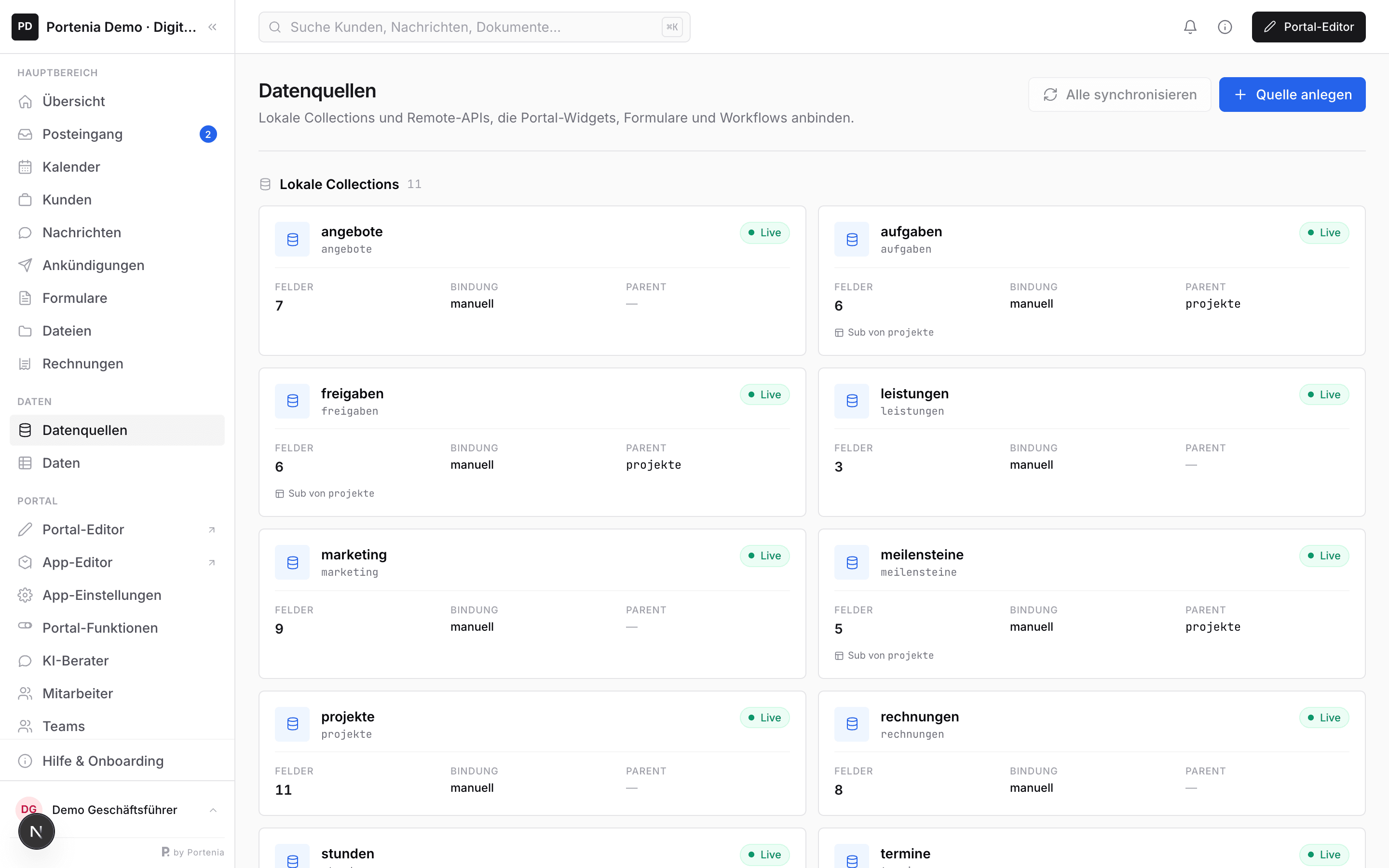 Datenquellen-Übersicht mit Live-Collections