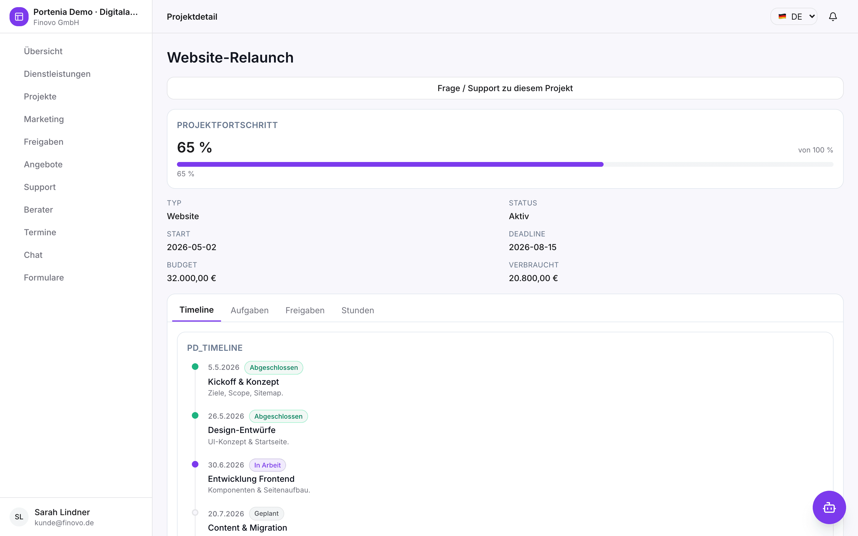 Agenturportal — Projektdetail mit Timeline und Kanban-Board